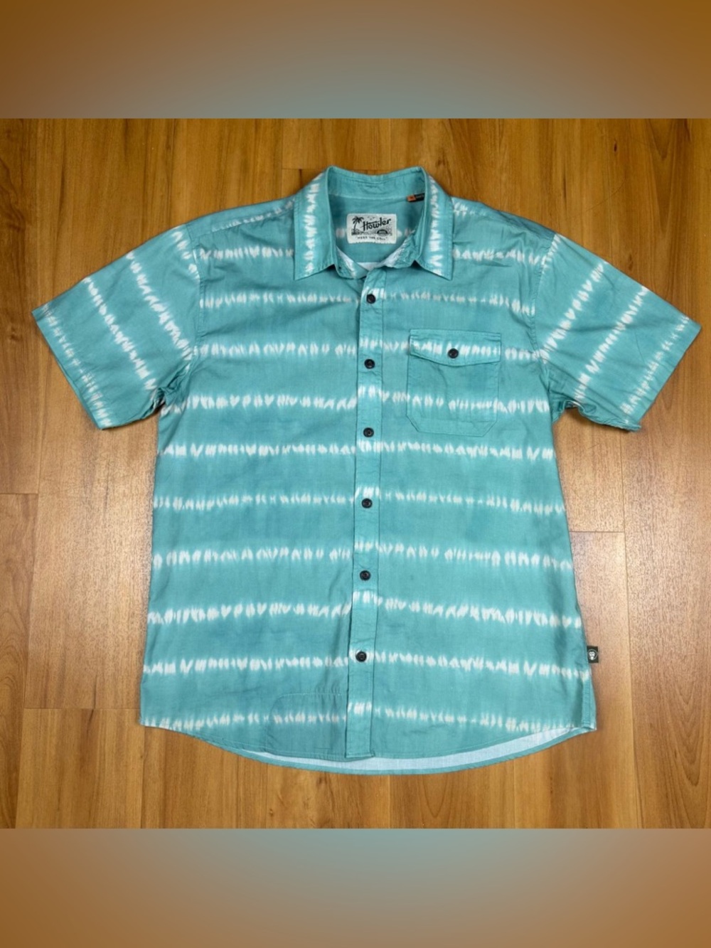 Howler Bros Mens Shirt Medium Teal Stripe Button Up Short Sleeve Cotton Casual